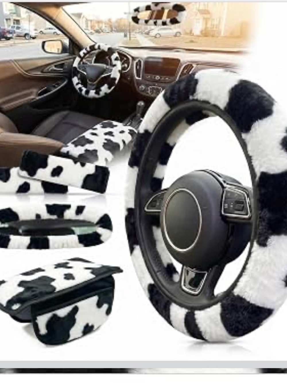 Cow Print Fuzzy Steering Wheel Cover & Car Accessories